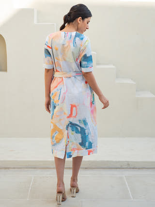 Multicolour Abstract Print Belt Dress