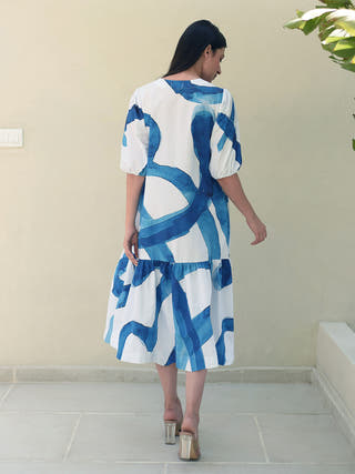 Blue Stroke Print Bottom Flare Dress