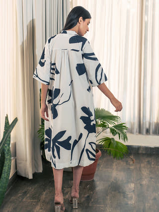 White Floral Print Shirt Dress