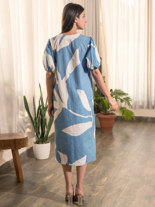 Blue Floral Print V Neck Dress