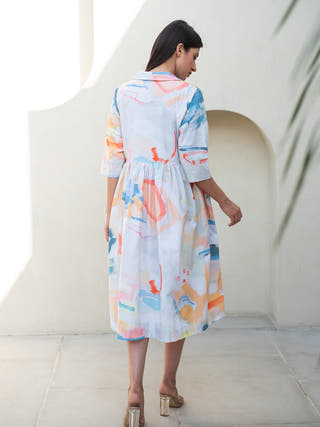 Multicolour Abstract Print Cuban Collar Dress