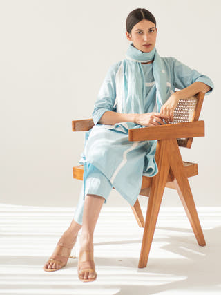 Blue Applique Tunic Pant and Dupatta Set