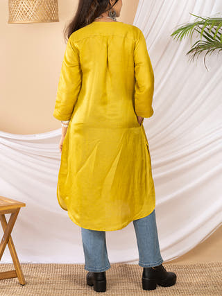 Kasuti Embroidered Pathani Silk Kurta Mustard Kai Krafts