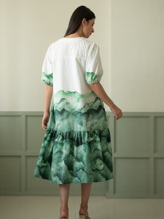 White and Green Bottom Flare Dress