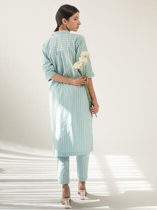Blue Stripe Shirt Dress and Pant Set