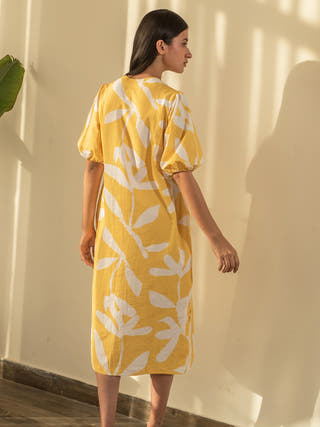 Yellow Floral Print V Neck Dress