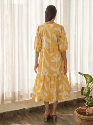 Yellow Floral Print Tier Dress