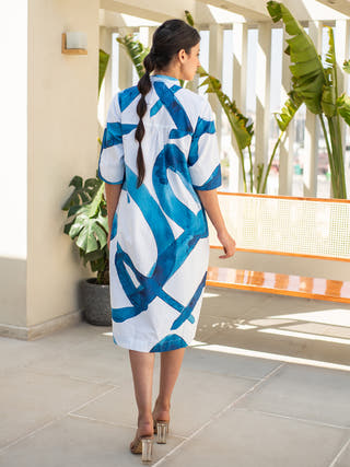 Blue Stroke Print Shirt Dress