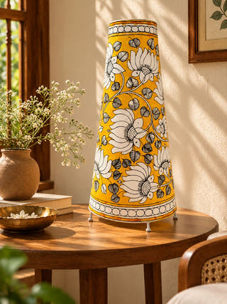 Lotus Hand Painted Leather Table Lamp - Yellow