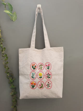 Floral Motif Hand Embroidered Tote Bag