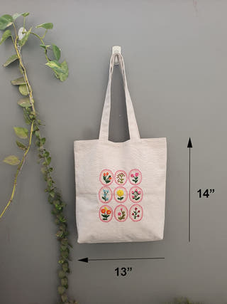 Floral Motif Hand Embroidered Tote Bag