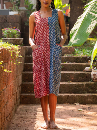 AASTEY Half Shirt Dress Indigo And Red Prathaa