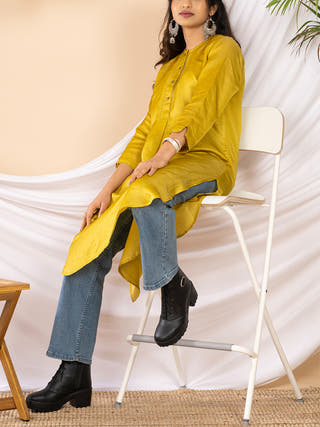 Kasuti Embroidered Pathani Silk Kurta Mustard Kai Krafts