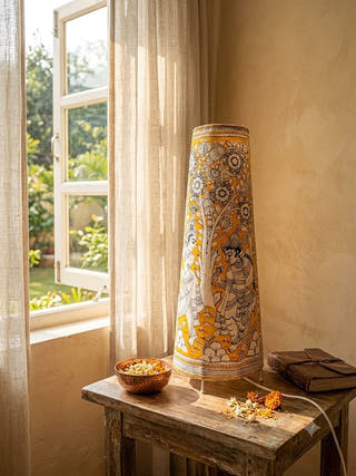 Hand Painted Radha Krishna Leather Floor Lamp - Yellow