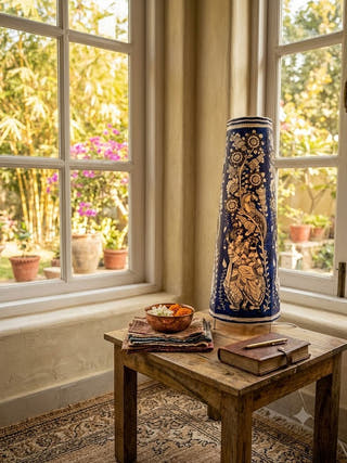 Hand Painted Radha Krishna Leather Floor Lamp - Blue