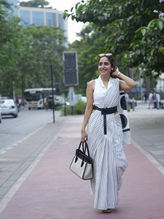 Aarti White Gray Striped Hand Block Cotton Saree Classic Pattern