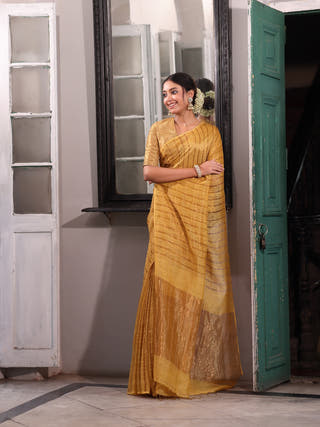Surojita Handwoven Linen Zari Saree Amber Grace