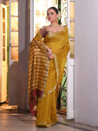 Sarswita Handwoven Linen Zari Saree Golden Sunrise