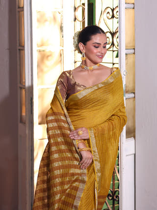 Sarswita Handwoven Linen Zari Saree Golden Sunrise