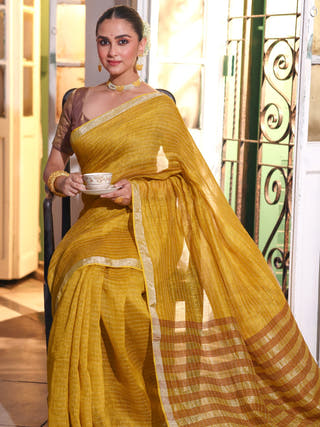 Sarswita Handwoven Linen Zari Saree Golden Sunrise