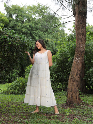 Off White Pearl Petals Jamdani Dress