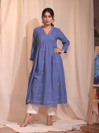 Handloom Sky Blue Pure Cotton Jamdani Kurta Set With Dupatta