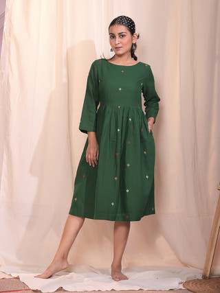Forest Blossom Green Jamdani Dress