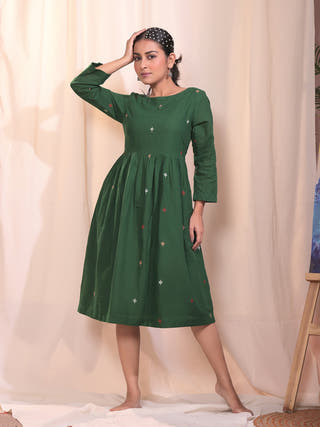 Forest Blossom Green Jamdani Dress