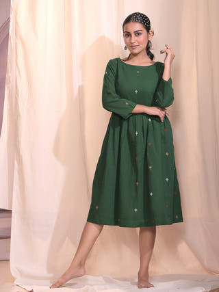 Forest Blossom Green Jamdani Dress