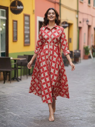 Blair Red Button-down Circular Midi Dress