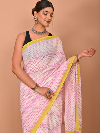 Pihu Heritage Hand Block Printed Pure Cotton Striped Saree