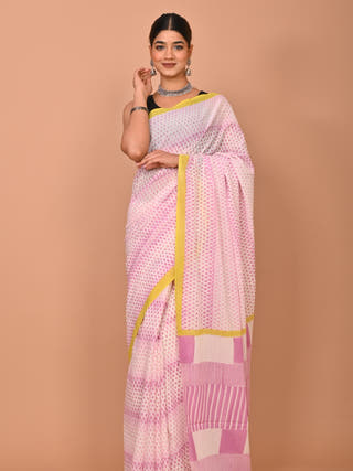 Pihu Heritage Hand Block Printed Pure Cotton Striped Saree