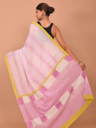 Pihu Heritage Hand Block Printed Pure Cotton Striped Saree