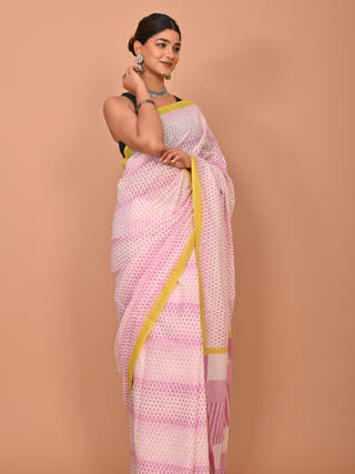 Pihu Heritage Hand Block Printed Pure Cotton Striped Saree