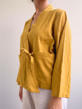 Wrap Top Mustard Cotton-Linen Tie-Up Front