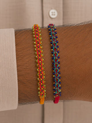 Hand Embroidered Double Leheriya Rakhi | Set Of 2 | Sea Green & Red