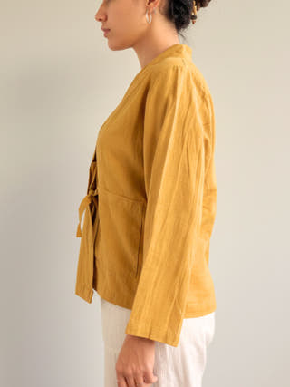 Wrap Top Mustard Cotton-Linen Tie-Up Front
