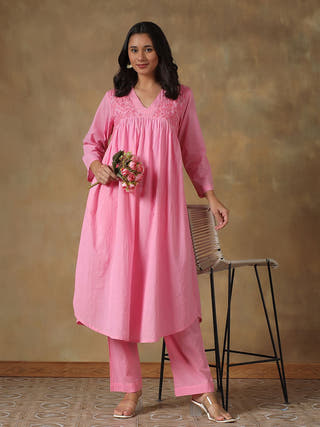 Pink Cotton Chikankari Lucknowi Kurta-Pant Set