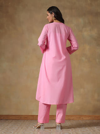 Pink Cotton Chikankari Lucknowi Kurta-Pant Set