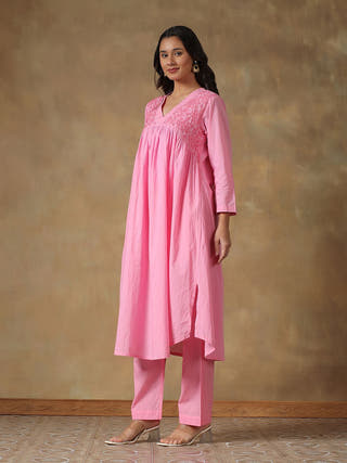 Pink Cotton Chikankari Lucknowi Kurta-Pant Set