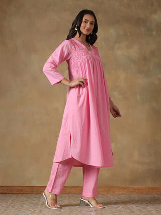 Pink Cotton Chikankari Lucknowi Kurta-Pant Set