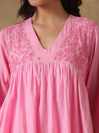 Pink Cotton Chikankari Lucknowi Kurta-Pant Set