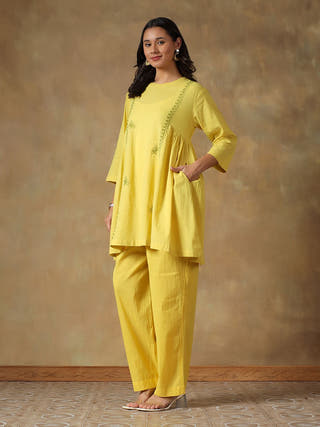 Yellow Cotton Chikankari Co-ord Set