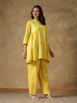 Yellow Cotton Chikankari Co-ord Set