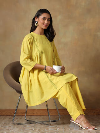 Yellow Cotton Chikankari Co-ord Set