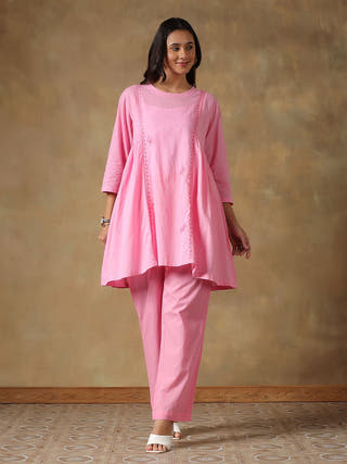 Pink Cotton Chikankari Co-ord Set