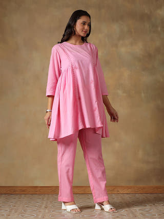 Pink Cotton Chikankari Co-ord Set