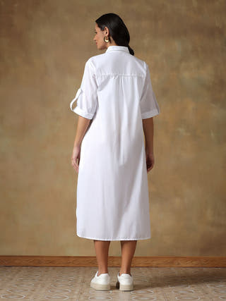 White Cotton Chikankari Straight Fit Shirt Dress