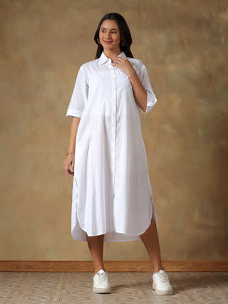 White Cotton Chikankari Straight Fit Shirt Dress