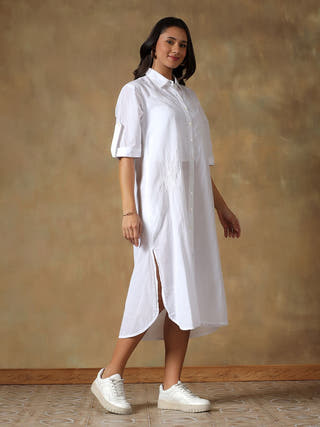 White Cotton Chikankari Straight Fit Shirt Dress